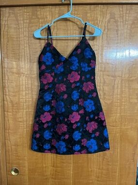 Lulu's Black Mini Dress with Blue and Magenta Floral Print